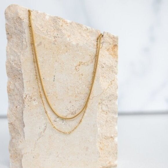 DAINTY DOUBLE layered Necklace Gold Snake chain Gold Beaded Satellite Chain - Picture 11 of 13